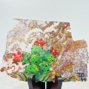 Vtg Hand-Painted Cactus Artwork On Natural Stone Moss Agate Slab With wood Stand